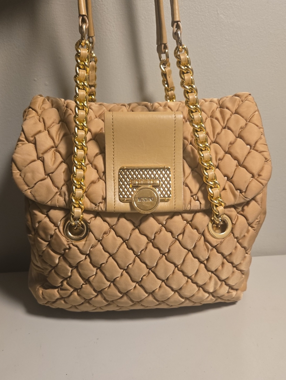 Moschino Rehab Quilted Beige Shoulder Bag with Gold Chain Strap